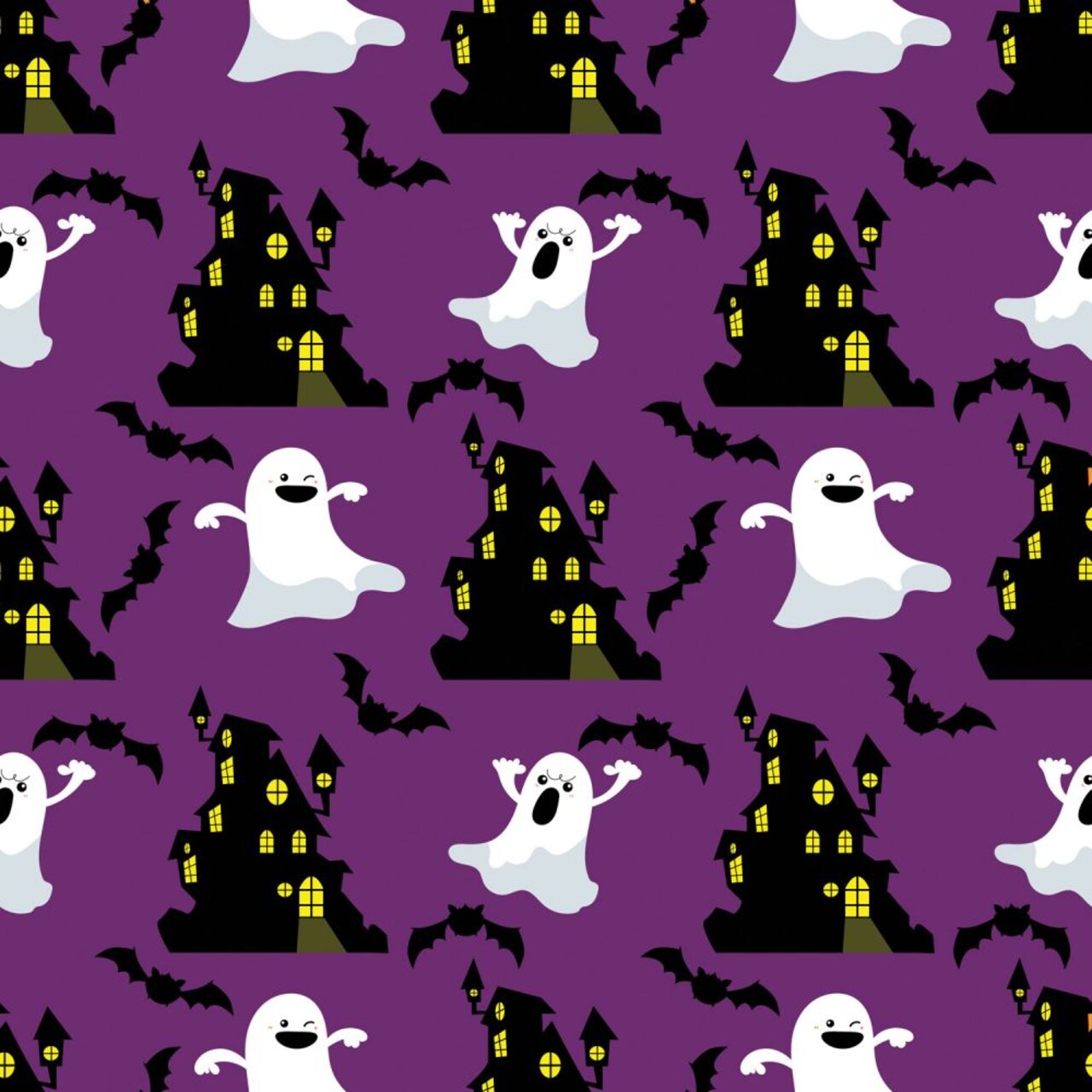 Halloween Ghosts and Haunted House on Purple 100% Cotton Fabric